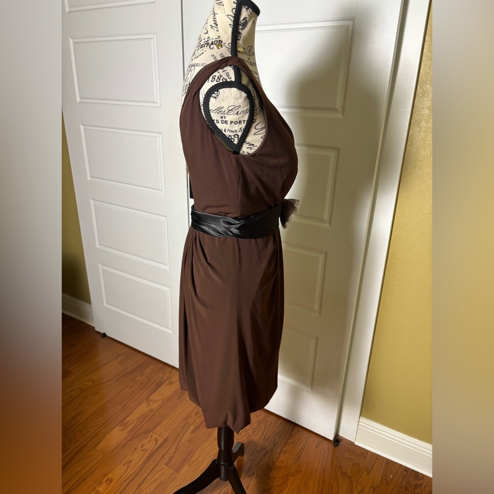 Cassandra Stone for Mac Duggal Chocolate Brown Deep V Bubble Hem Dress - Picture 3 of 5
